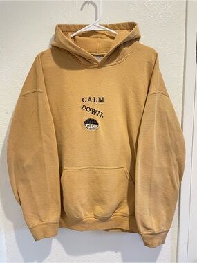 Gildan Chimchakman Calm Down Embroidered Pullover Hoodie Mustard Yellow Men's L